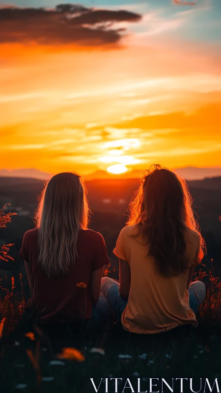 Two friends watch blazing mountain sunset in silence.