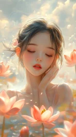Dreamy lotus pond portrait shows serene girl in soft light