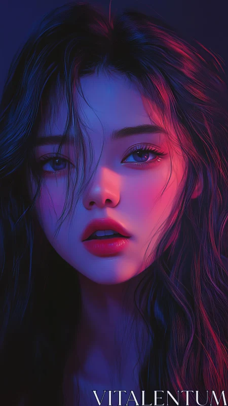 Neon hush on midnight hair, where electric longing lingers.