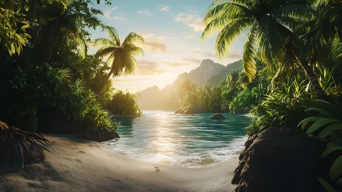 Tropical Paradise: Golden Hour Beach with Mountain Backdrop.