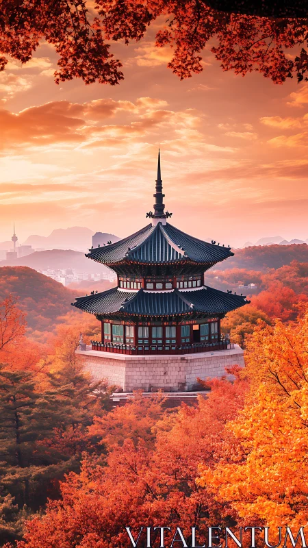 Autumn pagoda amid blazing maple forest at sunset.