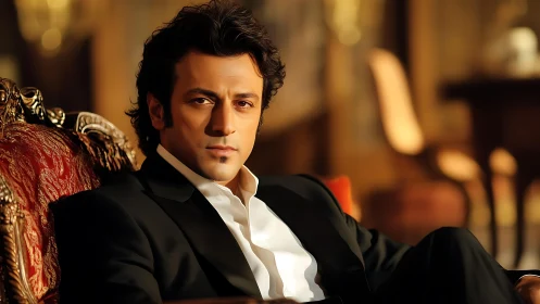 Elegant man in black suit reclines in warm, opulent setting.