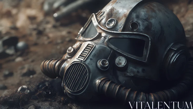 Weathered metallic respirator helmet on muddy ground.