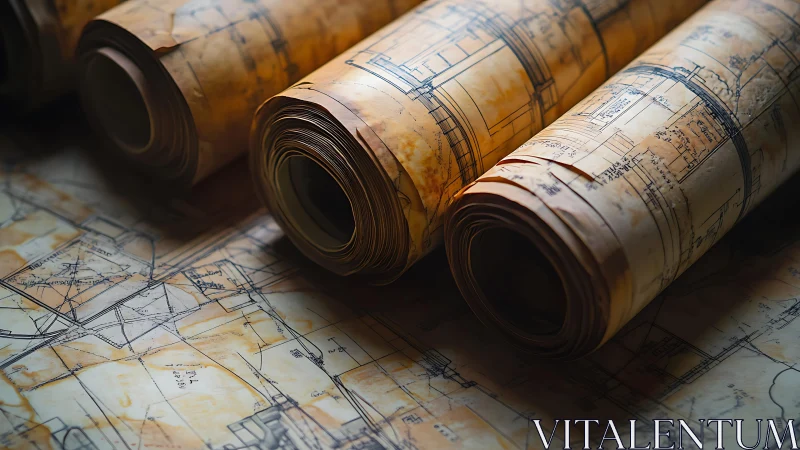 Aged Architectural Blueprint Rolls Displaying Oxidized Paper Stock.