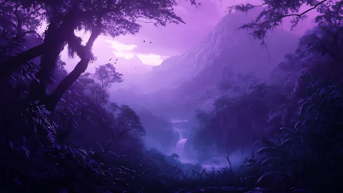 Mystical Canyon Awakens: Purple Twilight Over Enchanted Valley