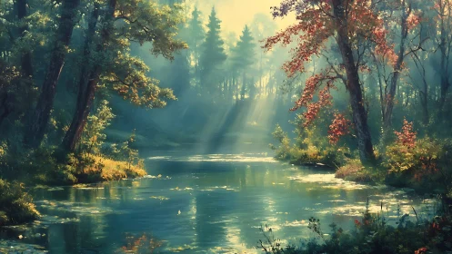 Enchanted Forest Stream with Golden Light.