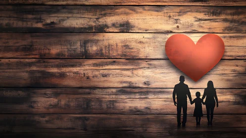 Silhouetted family unit beneath oversized crimson heart symbol.