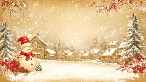 Smiling snowman overlooks rustic village under gentle snowfall