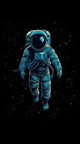 Solitary teal astronaut floating weightless in deep space.