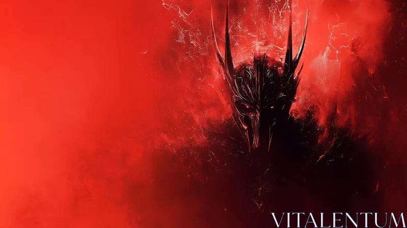 Helmed shadow rises from a bloodred infernal storm.