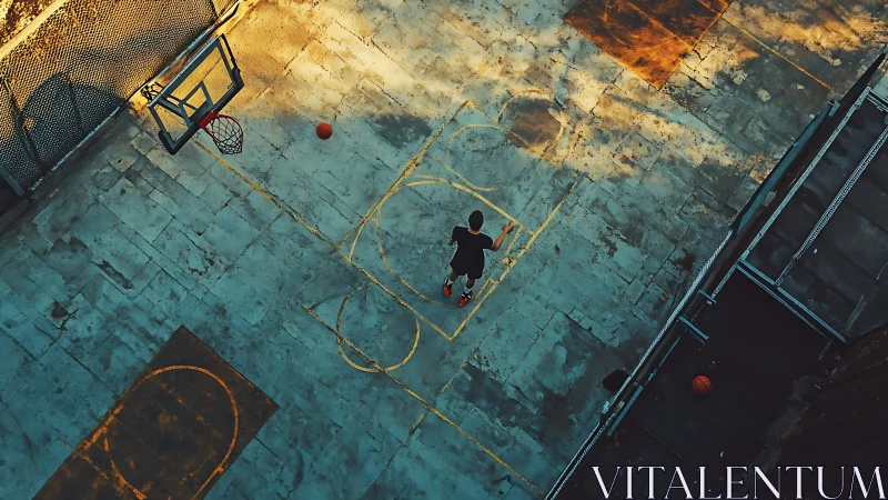 Rooftop court dreamer launching a lone sunset jumper.