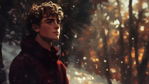 Pensive youth watches first winter snow in golden forest.