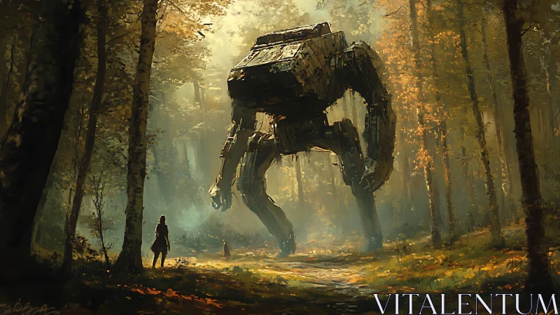 Colossal forest mech encounters lone wanderer in misty glade.