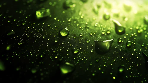 Green-illuminated droplets are distributed across a dark surface