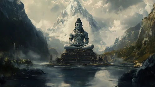 Serene mountain god watching over a misty hidden valley.