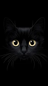 Black Cat Face with Glowing Golden Eyes on Dark Background