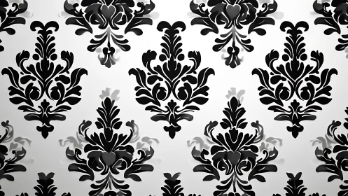 Ornate black damask motifs cast soft shadows on white ground