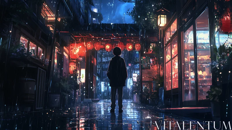 Rainy lantern alley with a quiet night wanderer.