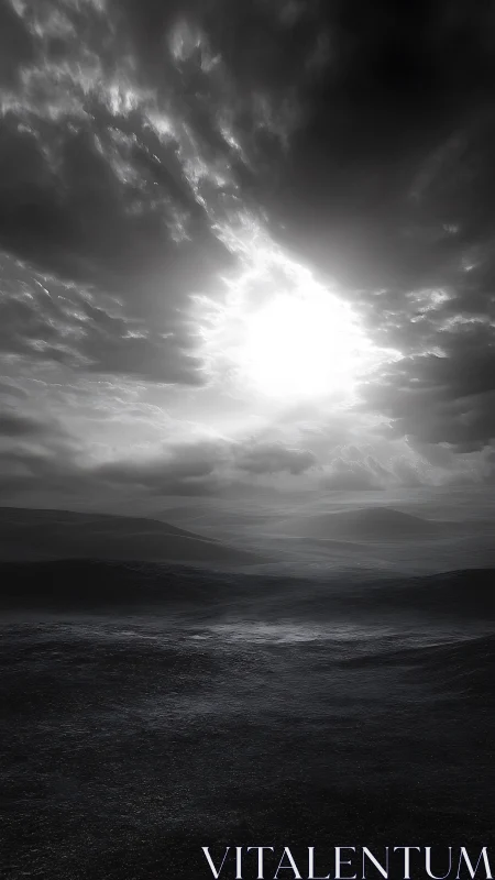 Monochrome storm sky over desolate rolling landscape.