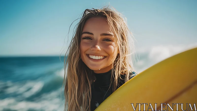 Sunlit surfer smile catching ocean joy at the shore.
