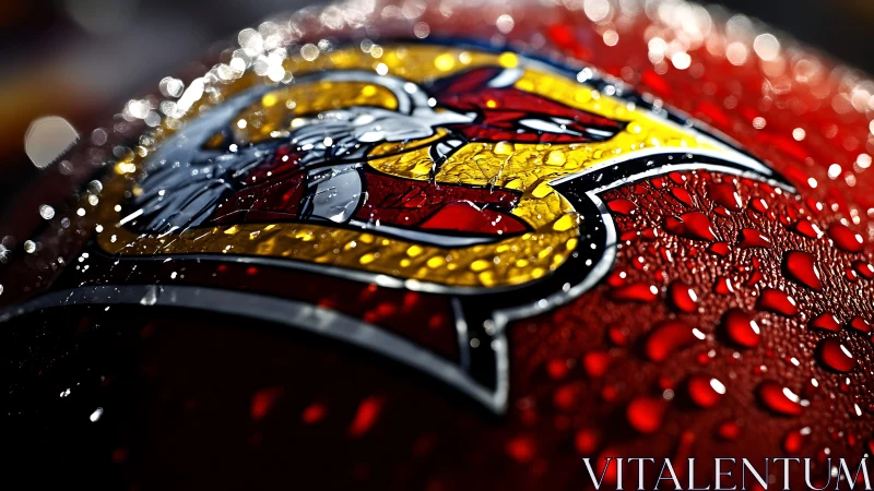 Close macro of wet sports logo on textured red surface.