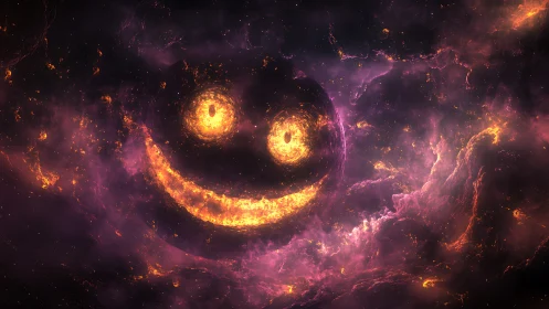 Smiling supernova face grinning inside violet cosmic storm.