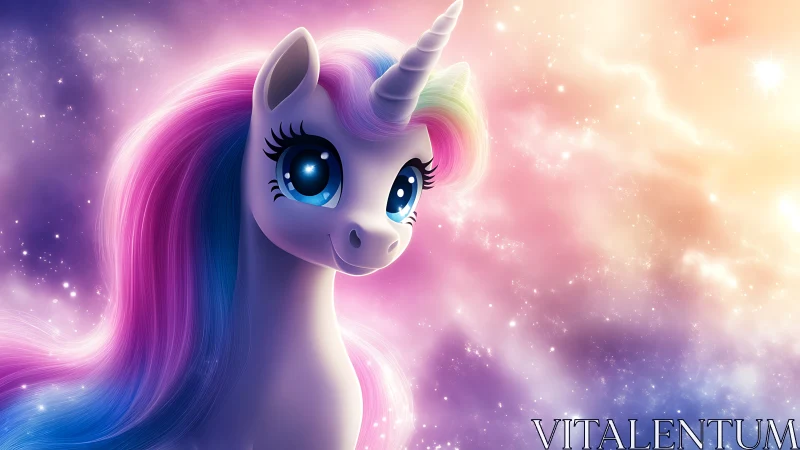 Radiant pastel unicorn drifting through luminous nebula skies.
