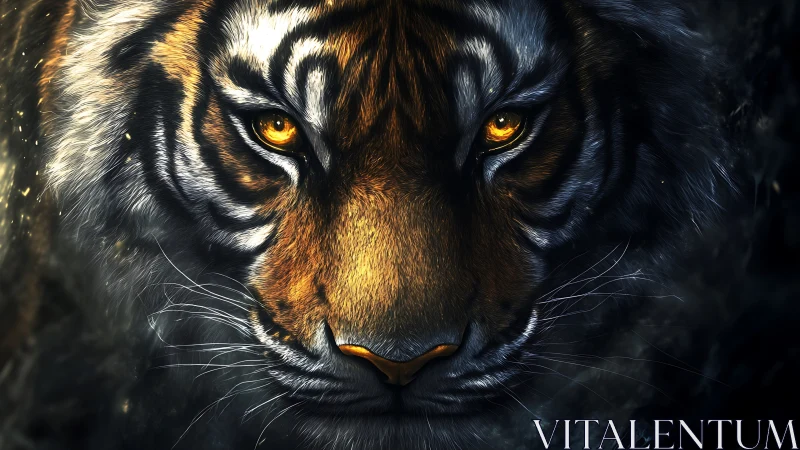 Golden eyed tiger gazes forward with fierce, quiet power