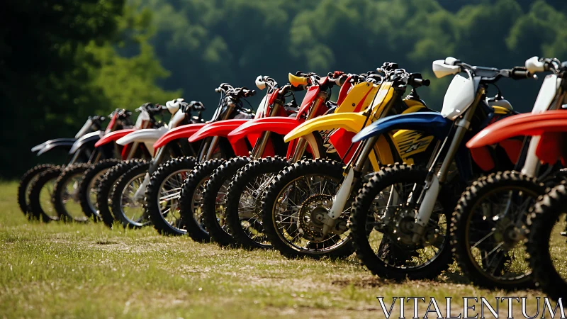 Colorful dirt bikes stand ready for an outdoor trail adventure