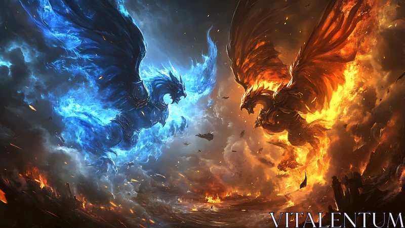 Twin elemental phoenixes clash in a turbulent burning sky