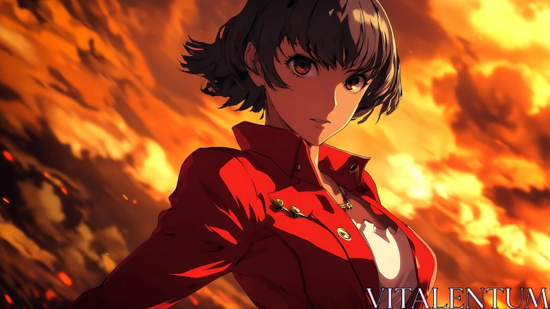 Defiant anime heroine in red jacket under burning sky.
