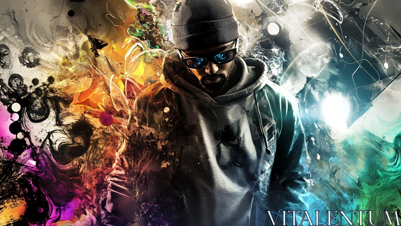 Digital painting of urban figure in chromatic abstract vortex.