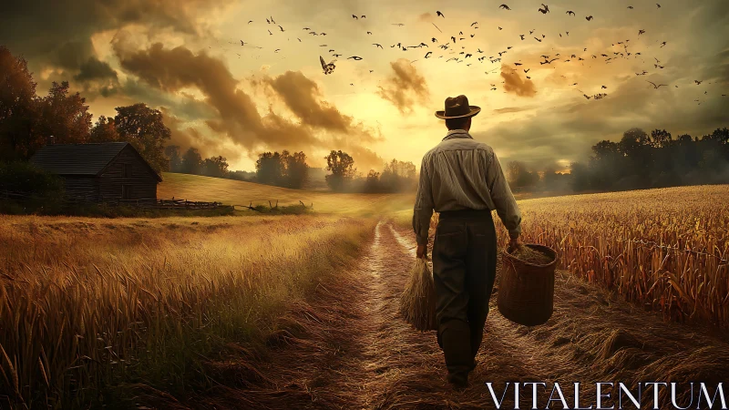 Farmer walks wheat field path under glowing sunset sky.