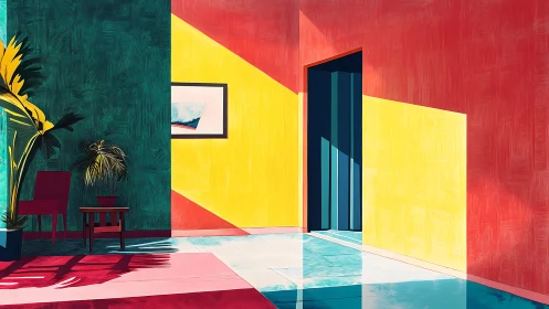 Digital painting of geometric sunlit interior with bold chroma walls.
