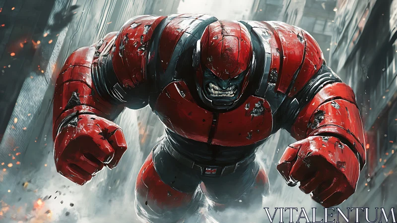 Furious armored juggernaut charges through a collapsing city street