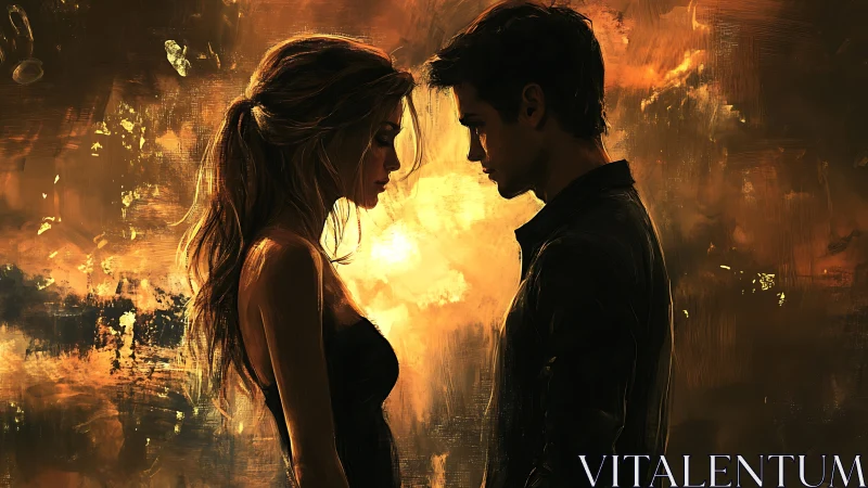 Two Figures in Contemplative Proximity Against Golden Luminous Background.