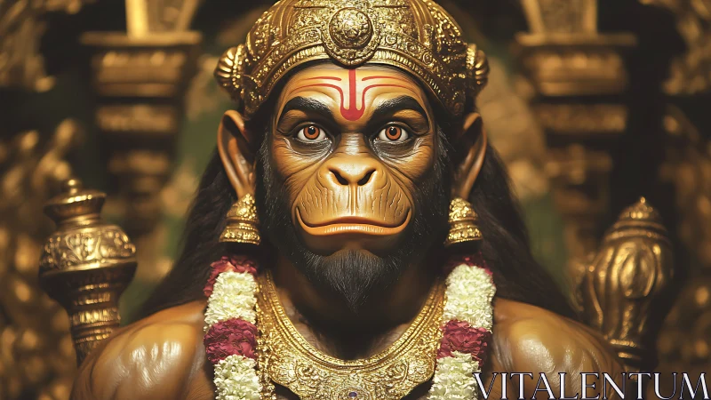 Monkey-headed deity idol with ornate gold crown and garland