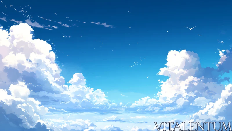 Vast blue sky holds towering cumulus clouds and soaring birds