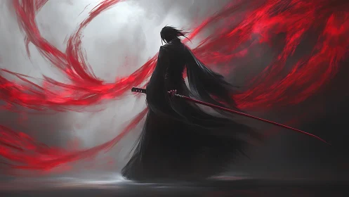 Sword-bearing figure in black amid swirling red energy.
