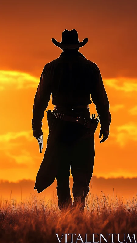 Lone silhouette gunslinger walking into blazing sunset sky.