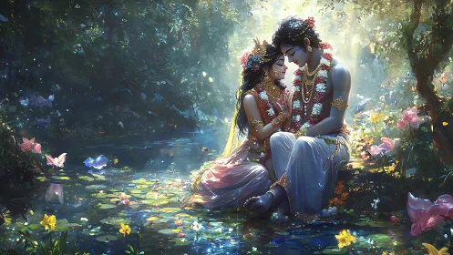 Two souls radiant in love by an enchanted forest pond
