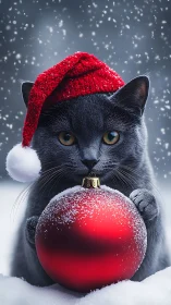 Festive gray cat holds red ornament in softly falling snow