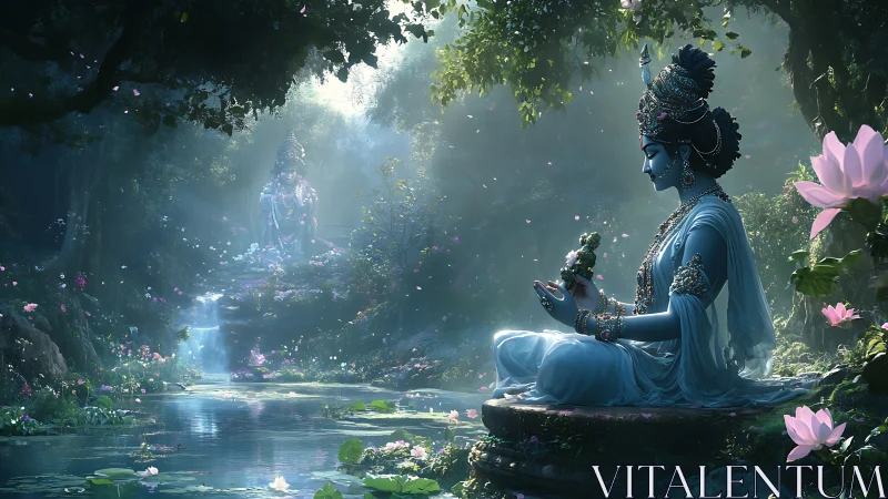 Divine blue deity meditates beside luminous lotus river