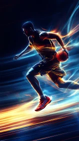 Digital neon basketball player sprinting with motion trails.