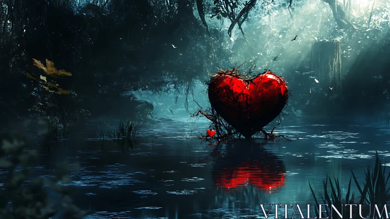 Crystalline Heart in Ethereal Forest Water with Atmospheric Volumetric Lighting