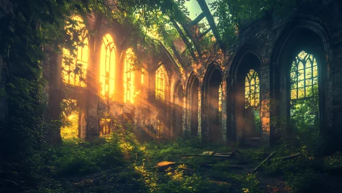 Sunlit overgrown gothic nave with volumetric shafts of golden light
