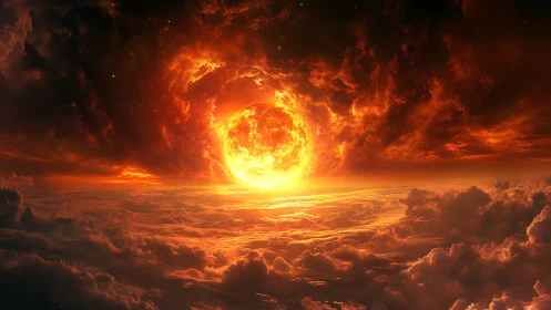 Massive Sun Erupts Above Cloudscape. Stellar Explosion.