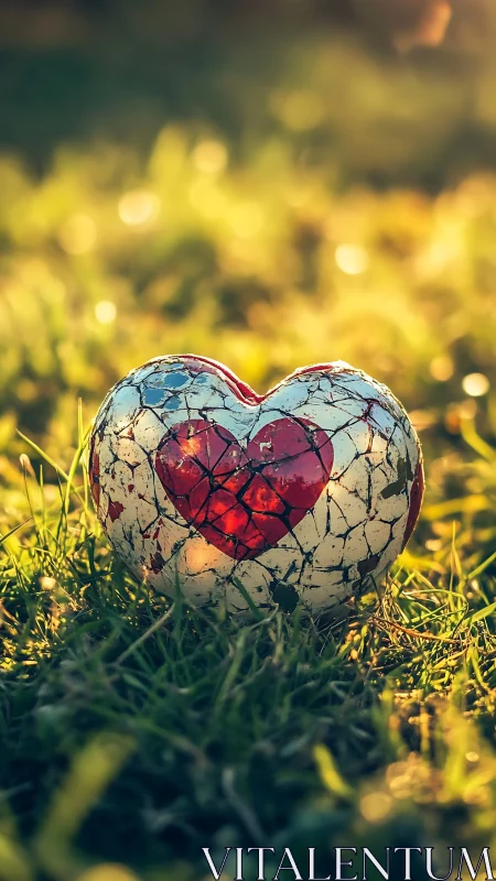 Fractured Heart Sculpture on Sunlit Meadow