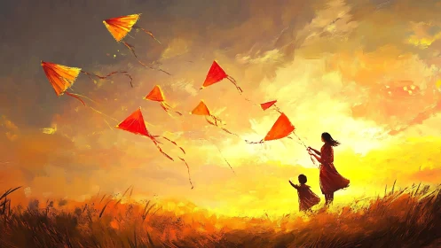 Mother and child fly red kites under blazing sunset sky