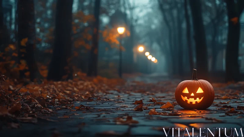 Jack o lantern glows along foggy autumn park path.